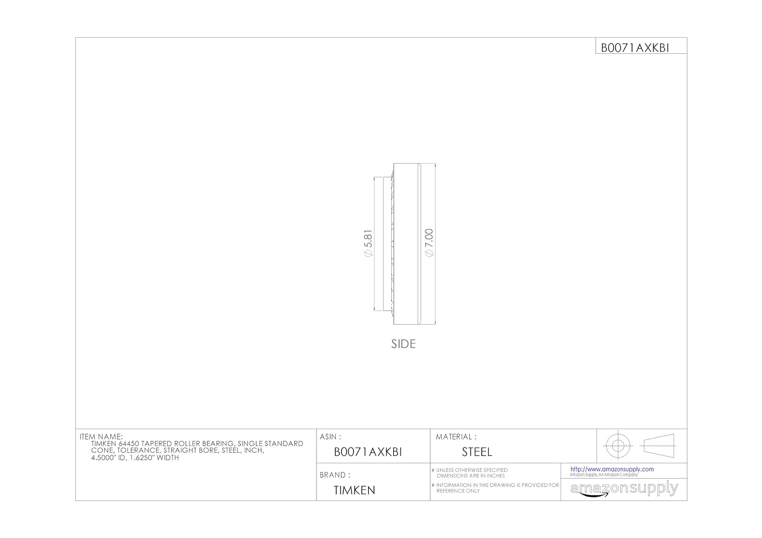 Timken 64450 Tapered Roller Bearing, Single Cone, Standard Tolerance, Straight Bore, Steel, Inch, 4.5000" ID, 1.6250" Width