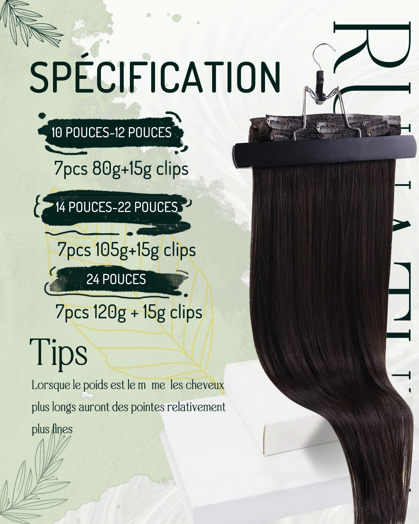 Vue détaillée des extensions à clip RUNATURE, mettant en avant leur texture naturelle et la couleur marron foncé.