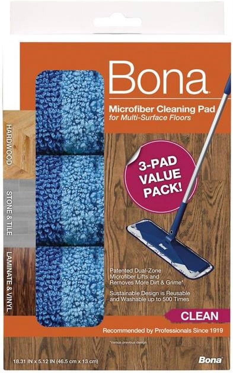 Bona 1017667 5.12 x 18.31 in. Cleaning Microfiber Mop Pad Blue - Pack of 3