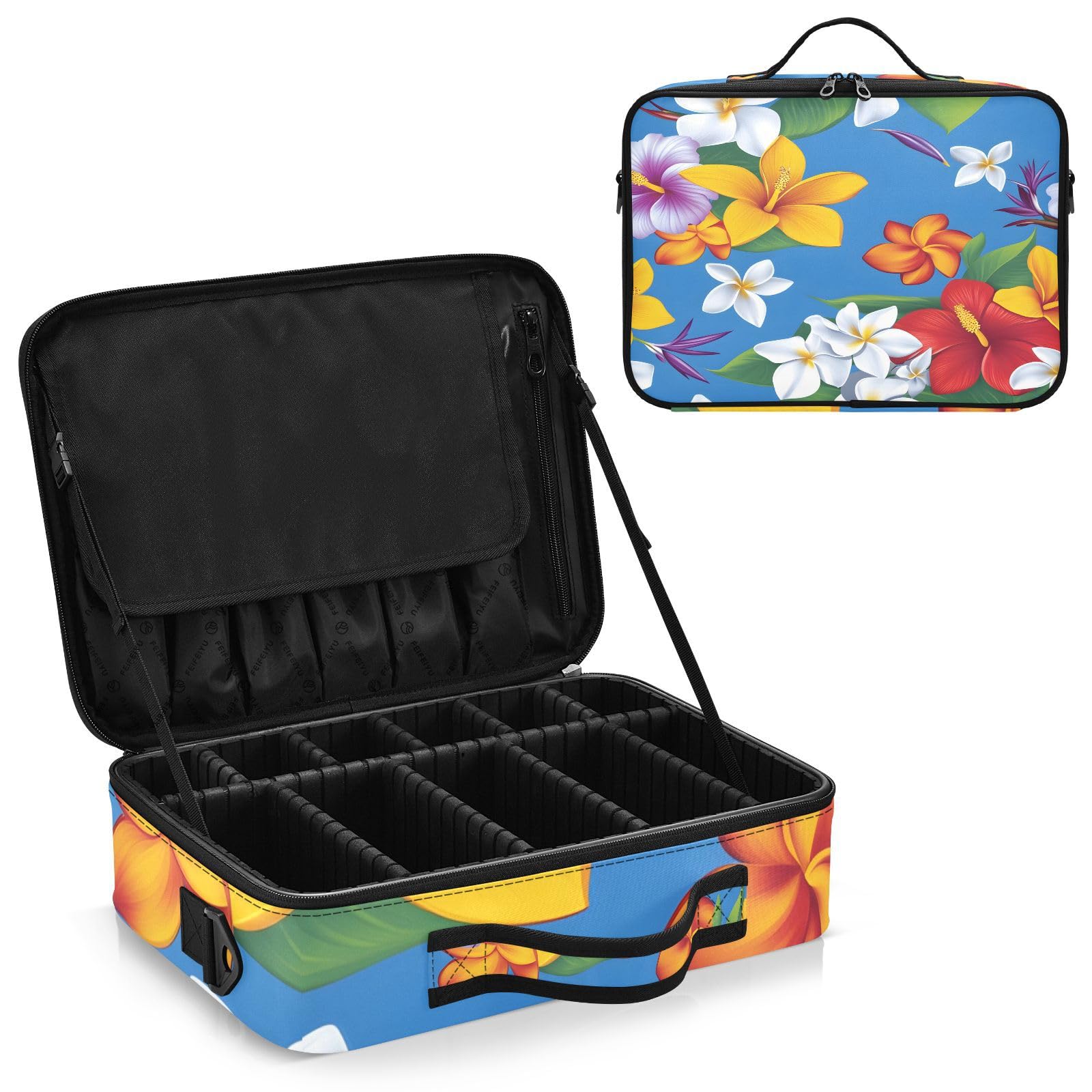 zyrtty Travel Makeup Train Case Colorful Flower Pattern Plumeria Cosmetic Organizer Portable Storage Bag with Adjustable Dividers for Cosmetics Brushes Toiletry Jewelry Digital Accessories
