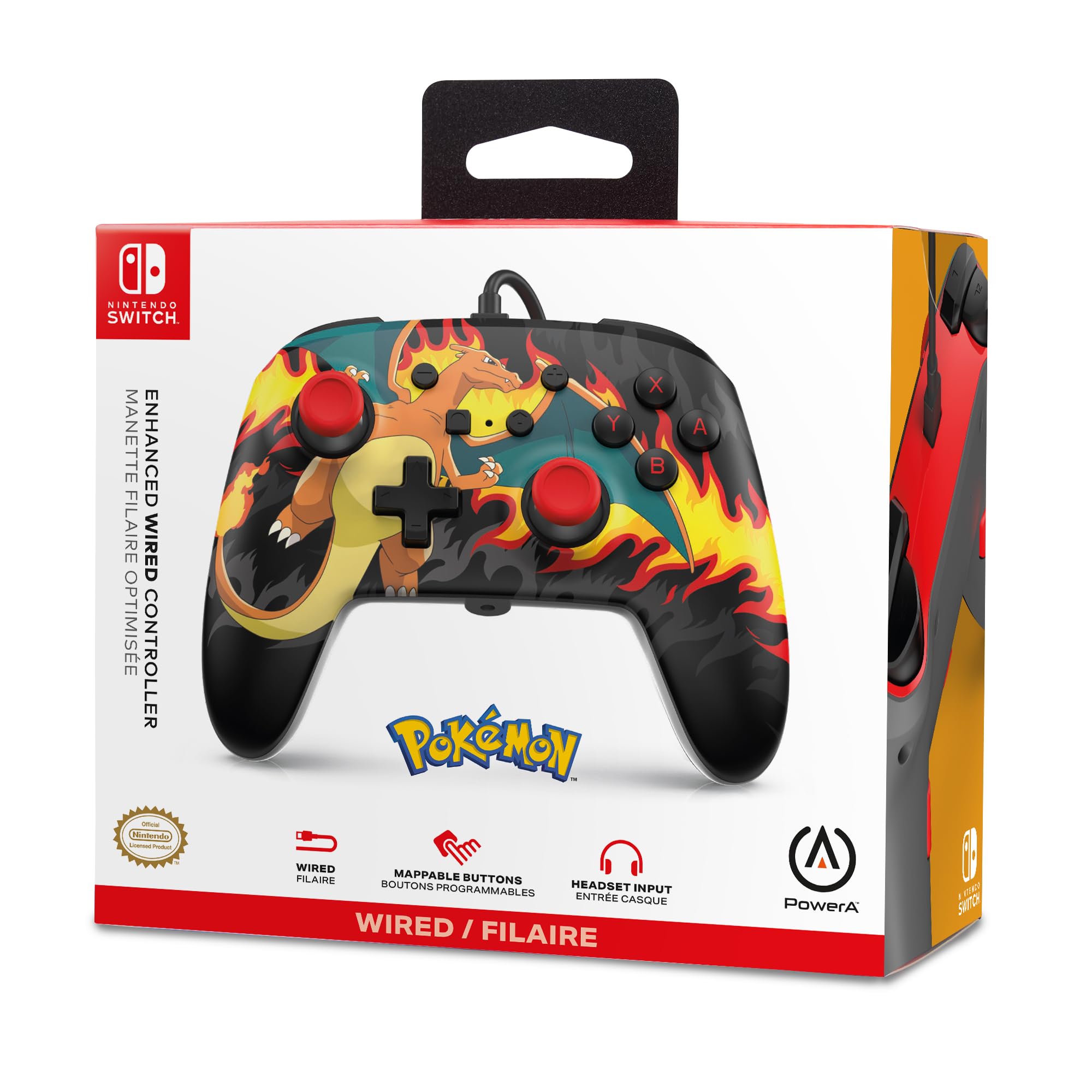 Ulepszony kontroler przewodowy PowerA do konsoli Nintendo Switch - Burza ogniowa Charizard, gamepad, kontroler do gier, kontroler przewodowy, oficjalnie licencjonowany