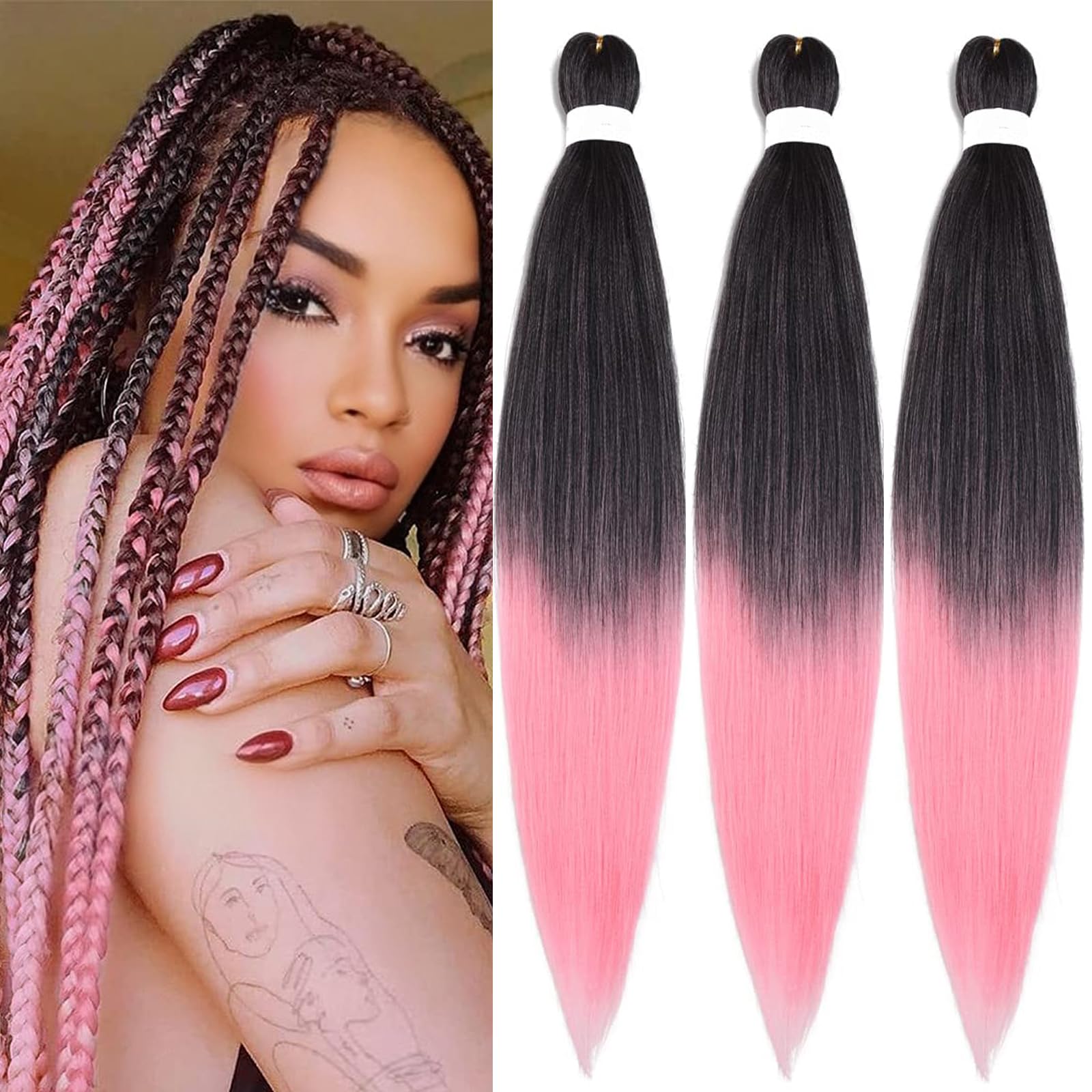 Braiding Hair Pre Stretched for Women Hair Extensions Box Braids Soft Synthetic Knotless Yaki Texture Hot Water Setting Braid Black to Pink (30inch
