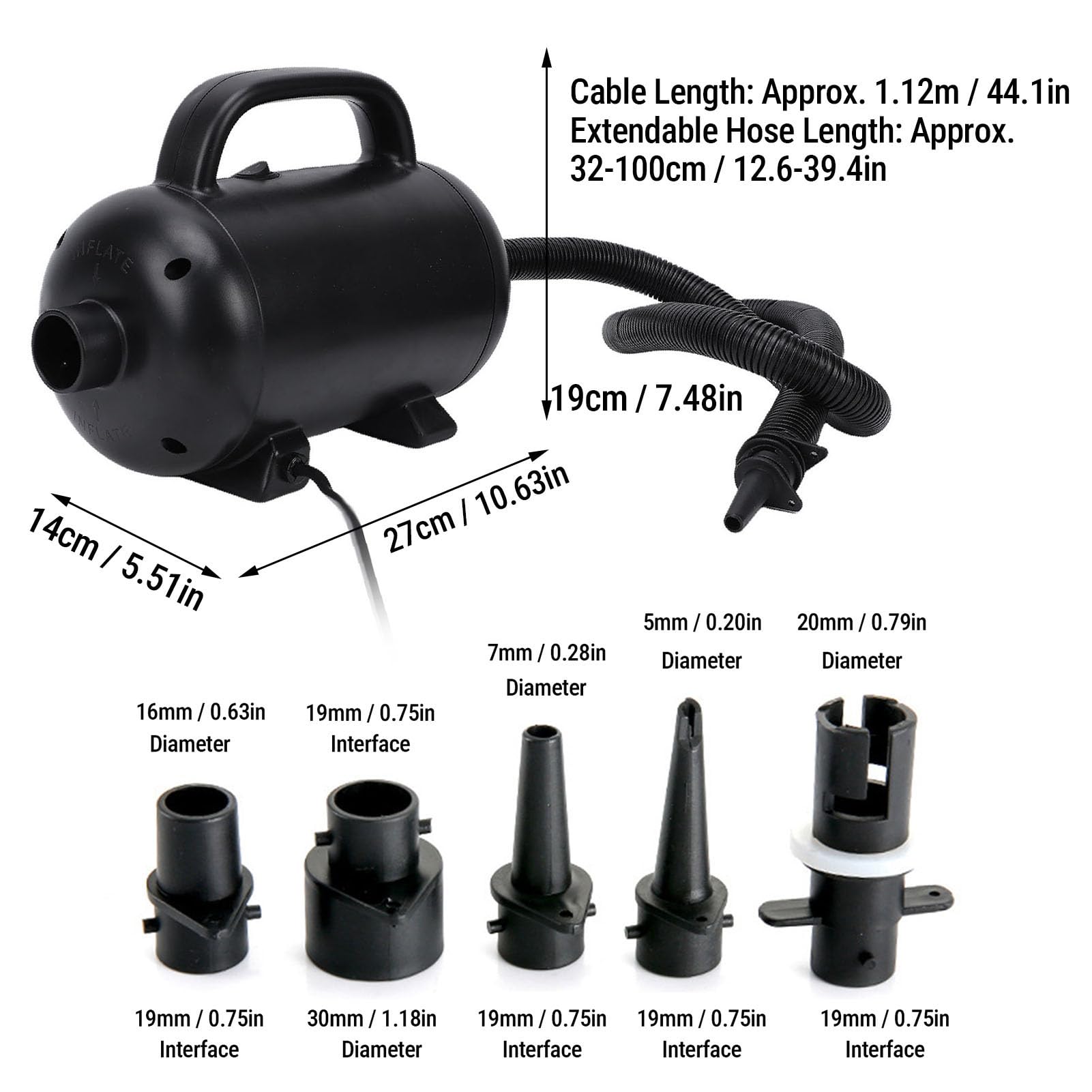 YWBL-WH Elektrische Luftpumpe, 1200 W, 24.000 Pa, 1.300 L/min, Hochleistungs-Inflator-Deflator mit Ausziehbarem Schlauch für Aufblasbare Matratze, Pool, Schwimmboot, Floß