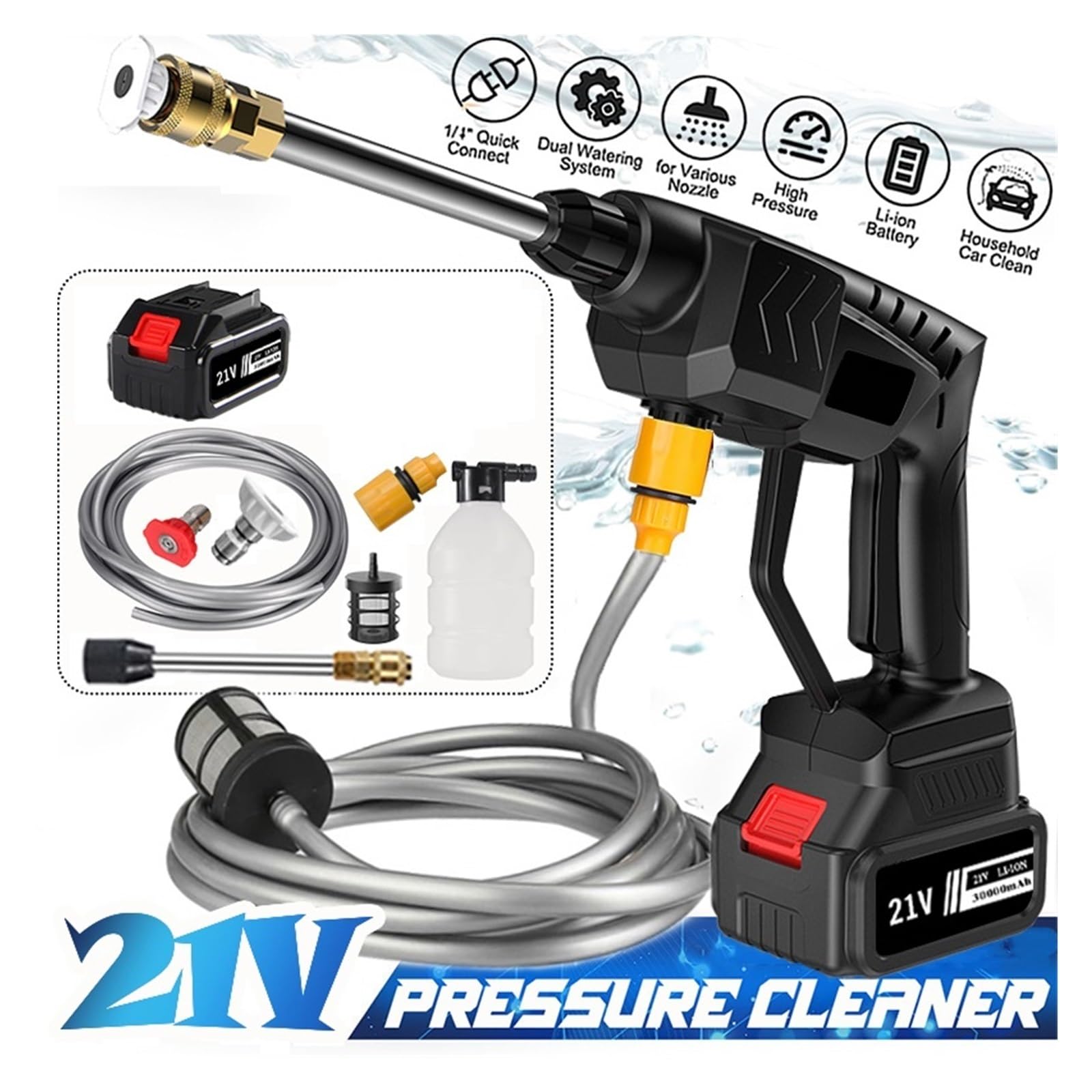 Myjka CiśNieniowa 500W 21V Bezprzewodowy Wysokociśnieniowy Pistolet Na Wodę Do Myjni Pistolet Przenośny Myjka Wysokociśnieniowa Generator Pianki Z Akumulatorem 30000mAh(Type A-20000)