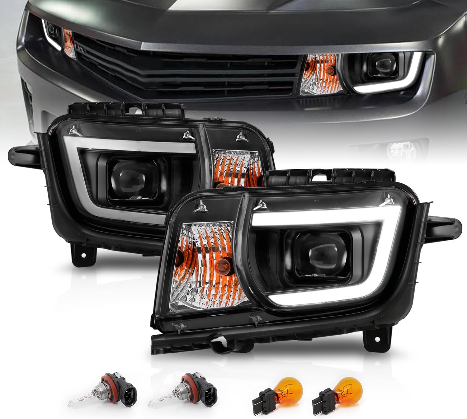 AmeriLite Square Projector Headlight Pair for 2010-2013 Chevy Camaro (Halogen Type)