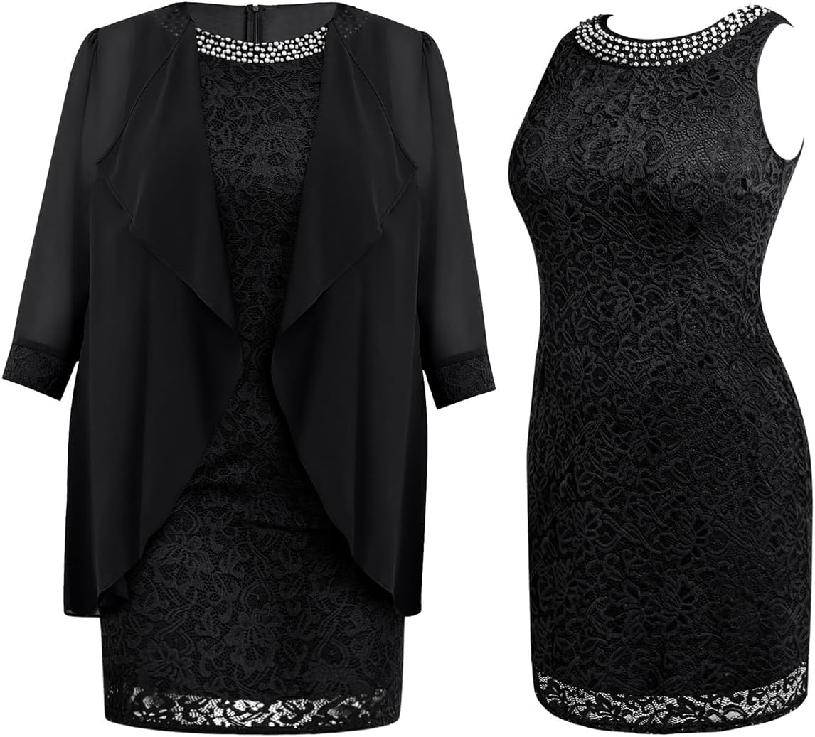 Plus Size Mother of The Bride Dress - 2 Piece Wedding Guest Formal Lace Dress with Jackets - Image 6