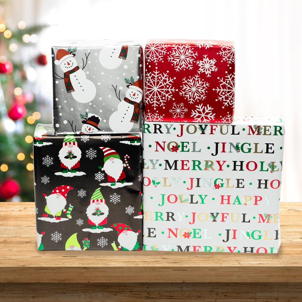 JAM Paper Geschenkpapier, Weihnachtsgeschenkpapier, 30 m² insgesamt, verschneite Feiertage, holografisches Set, 4 Rollen/Packung