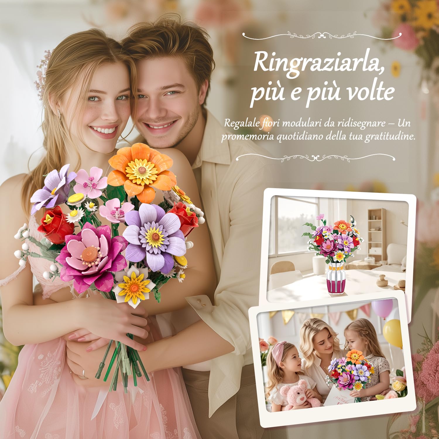 Set di Costruzione di Mazzetto di Fiori con Vaso Bicolor, 16 Set di Mazzetti di Fiori Artificiali per Adulti e Donne, Compatibile con la Collezione Botanica di Mazzetti di Fiori Lego, 1278 Pezzi