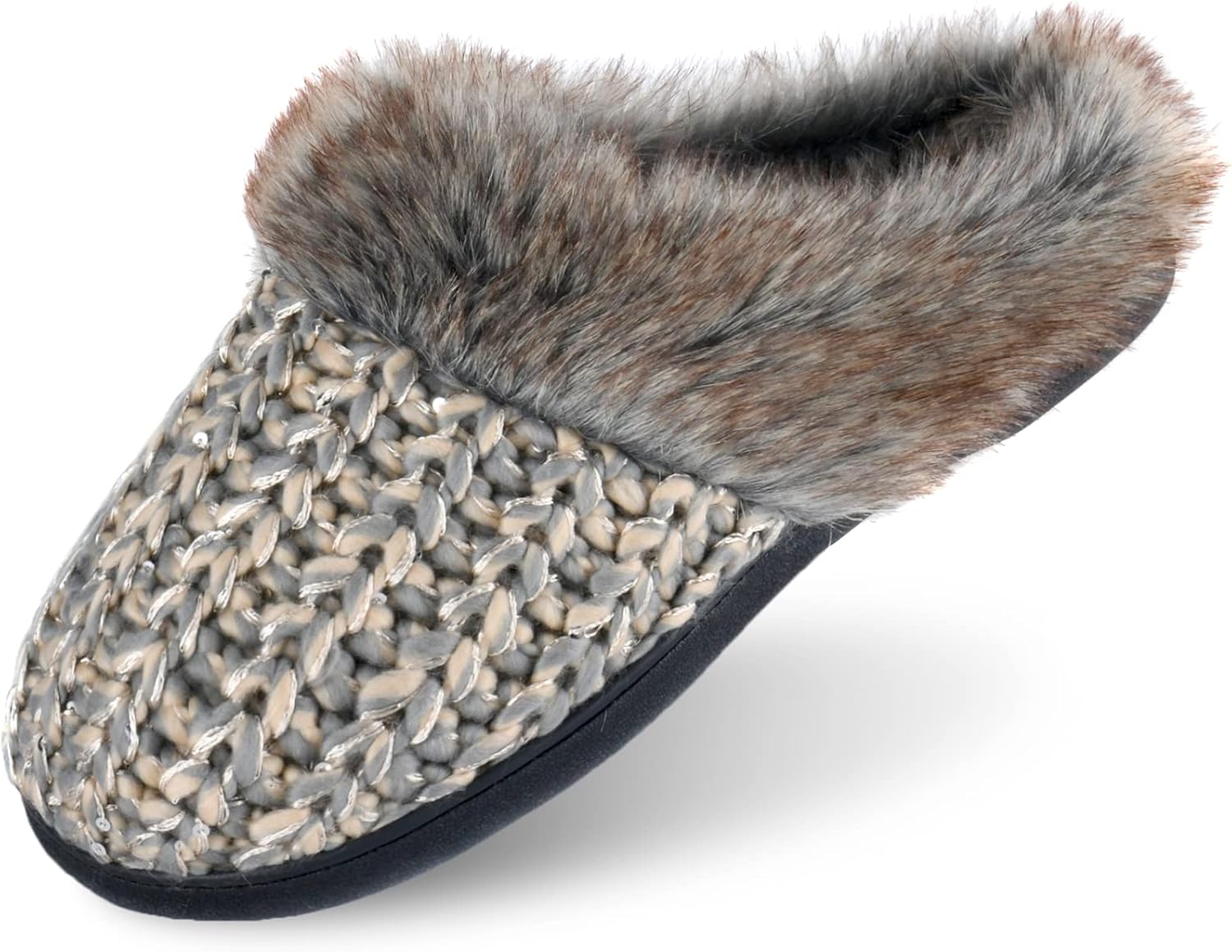 DL Womens House Slippers Memory Foam, Fluffy Slip on Womens Bedroom Slippers Fuzzy Collar, Warm Soft Indoor Knit Slippers for Women Non-slip 7-8 Grey Beige