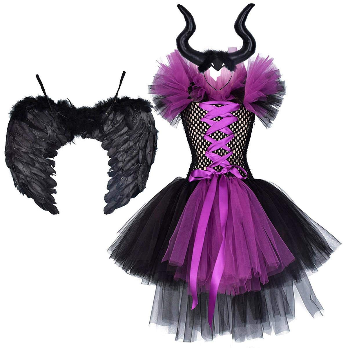FYMNSI Disfraz de Niña Maléfica Reina Malvada Maleficent Halloween Costume Tutu Vestido de Bruja con Diadema de Cuernos Alas de Angel Conjunto Carnaval Fiesta de Cosplay Disfraces
