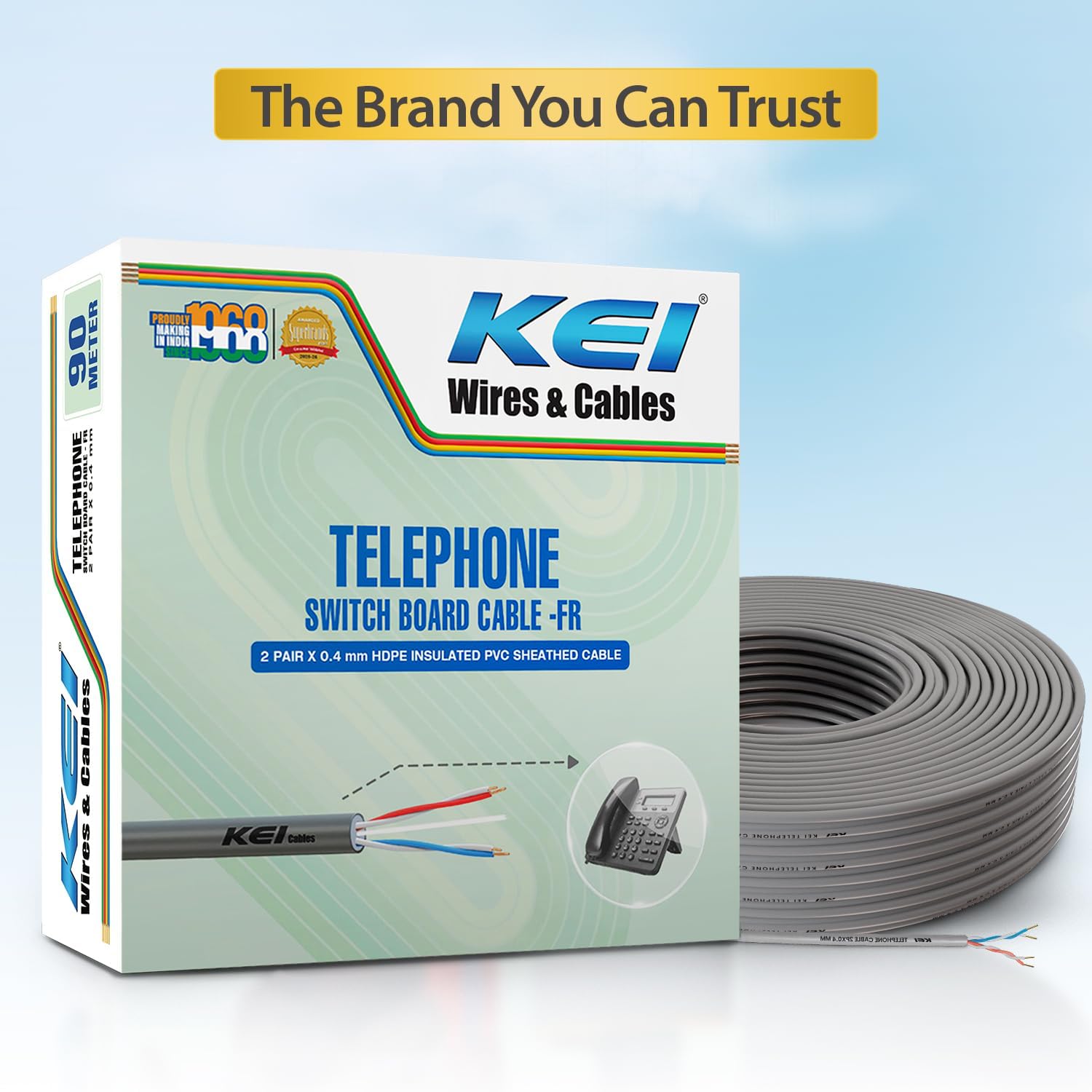 KEI Telephone Cable, 2Pair X 0.4mm Dia, 99.97% Pure Copper Conductor, Flame Retardant, PVC Insulated Telephone Cable for Residential,Offices,factories & Hotels Use(Grey, 90 Meter) — Amazon image 2