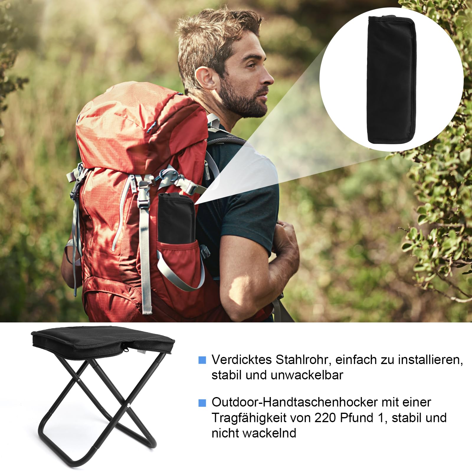 Tabouret De Camping Pliable Fouvin – Léger 750g, Assise 30x30x31 Cm, Supporte 200 Kg, Sac De Transport Inclus