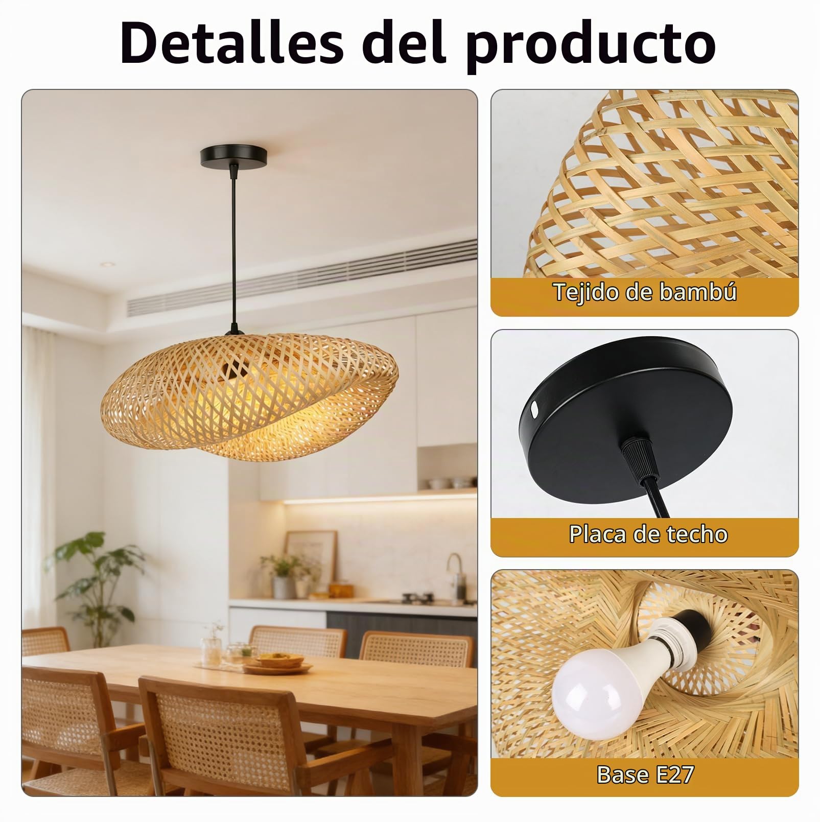 JAOGAUS Lámpara colgante de bambú, 60 cm de diámetro, bombilla no incluida | pantalla de ratán elaborada artesanalmente con casquillo E27 para dormitorio y salón