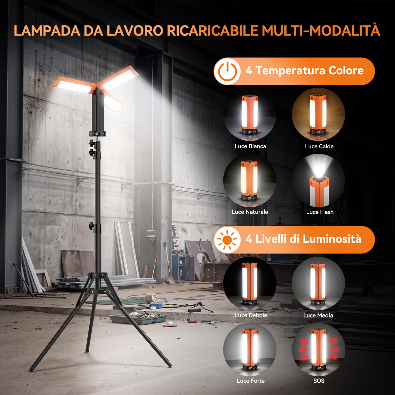 Lampada da campeggio ricaricabile con treppiede, 12000 mAh, 3 colori di luce, LED dimmerabile da 6000lm, IP65, adatta per officine, campeggio, cantieri edili e situazioni di emergenza.