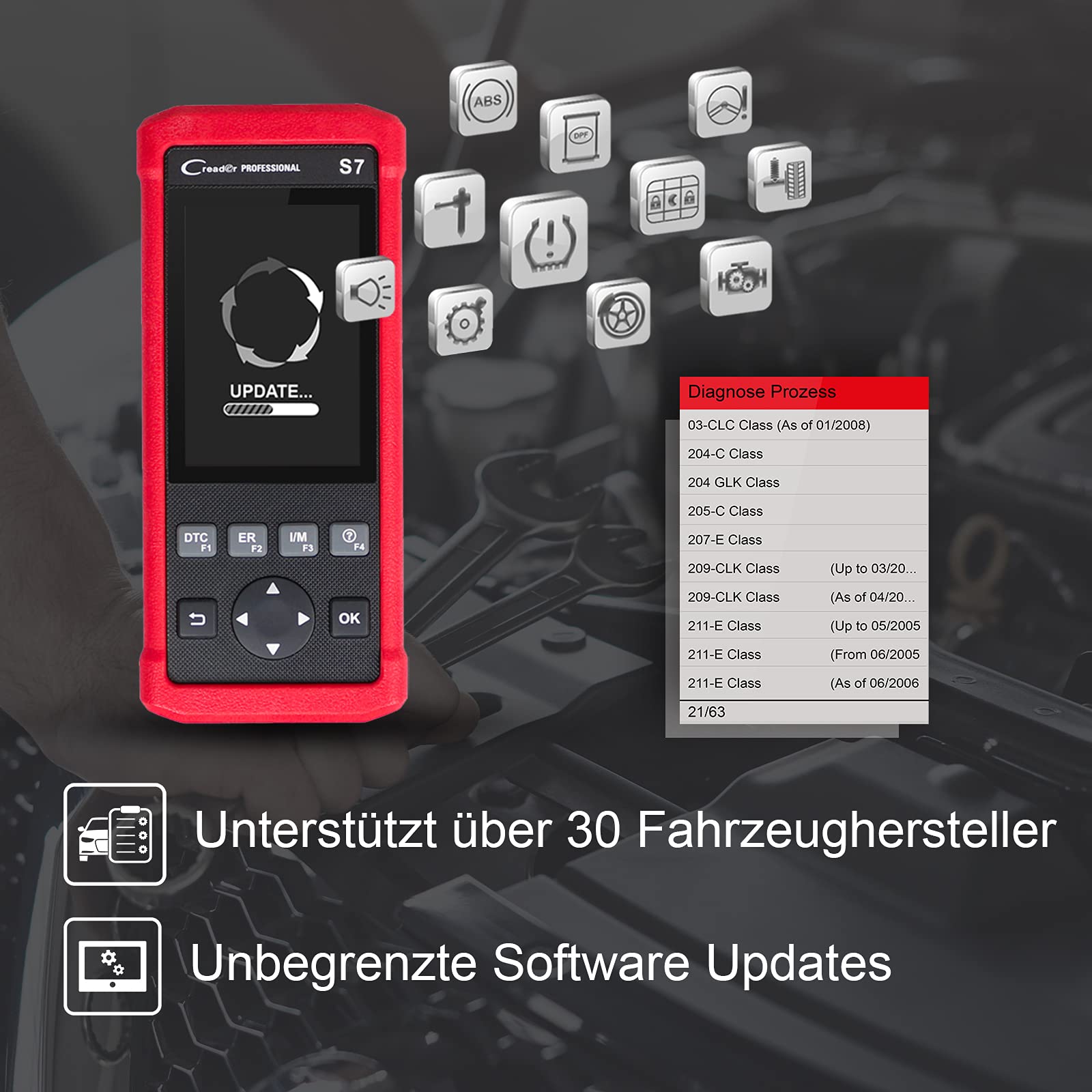 LAUNCH Europe Creader Professional S7 Diagnosegerät OBD2 5 Fahrzeugmarken CRPS7 Rot