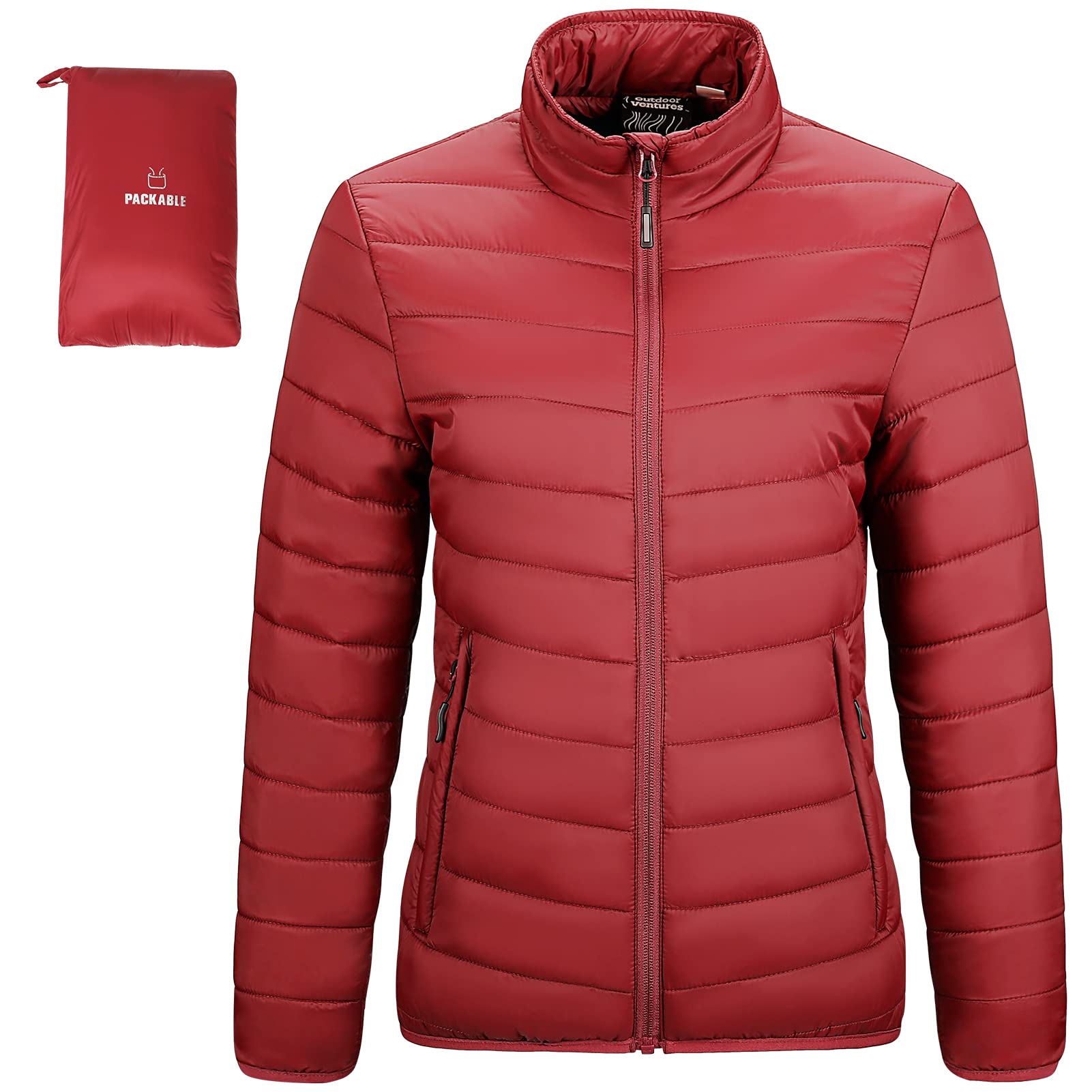 Outdoor Ventures Women's Packable Full-Zip Short Puffer Jacket Insulated Quilted Warm Lightweight Winter Coat