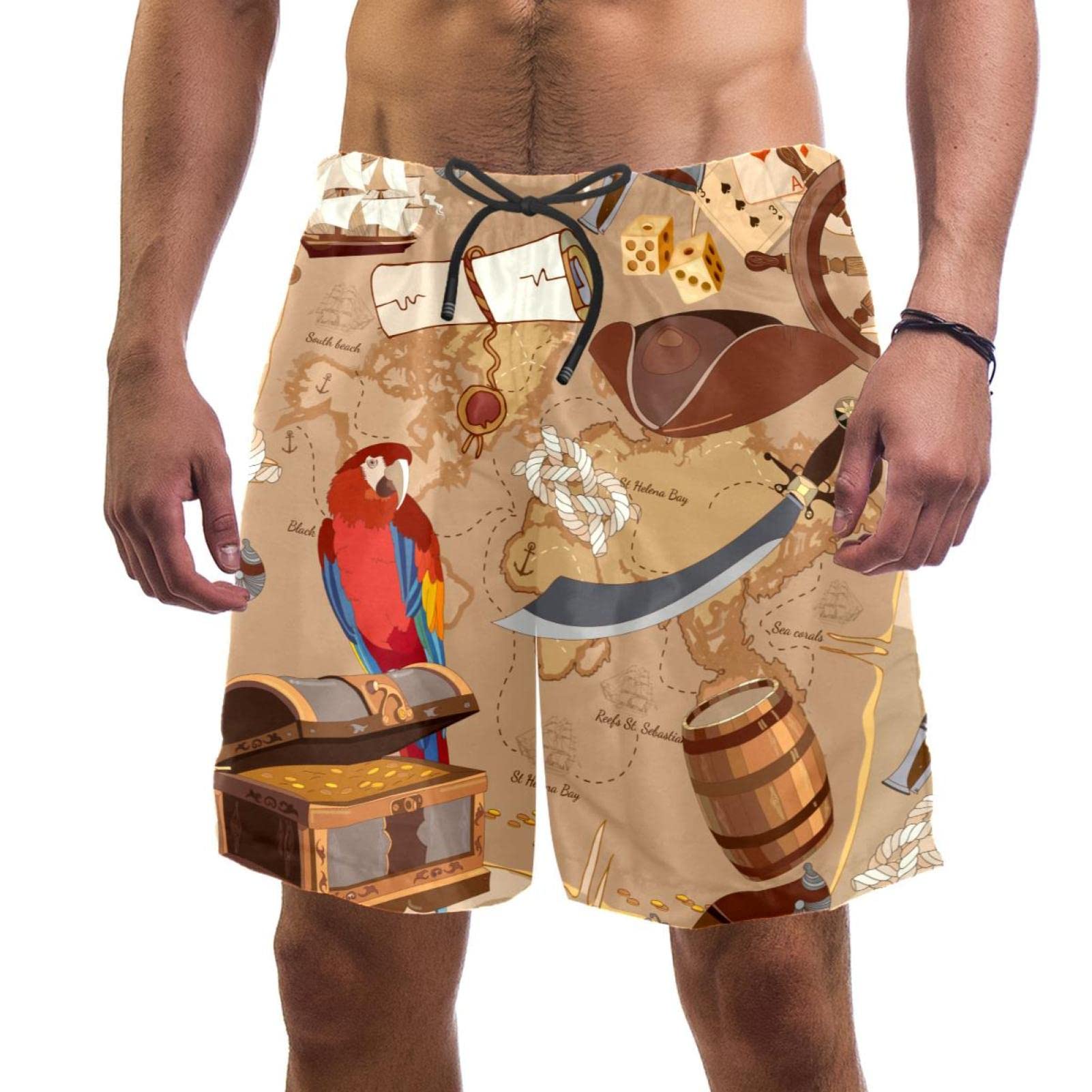 HAlidey Parrot Voyage Beach Shorts for Men Quick Dry Swim Shortsea Swimwr with Pockets and Drawstring
