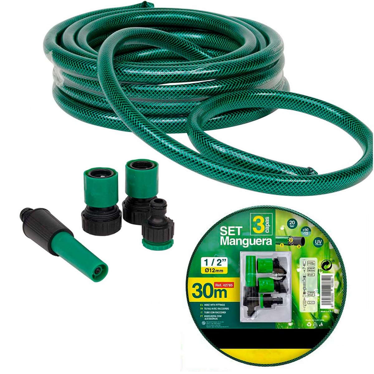 YIJIA | Manguera de jardín - Set Manguera con Conexión y Boquillas para Riego Reforzada 3 Capas, Presión de rotura de 20 bar - Diámetro Ø1/2" (12mm), Verde, Longitud de 30 Metros