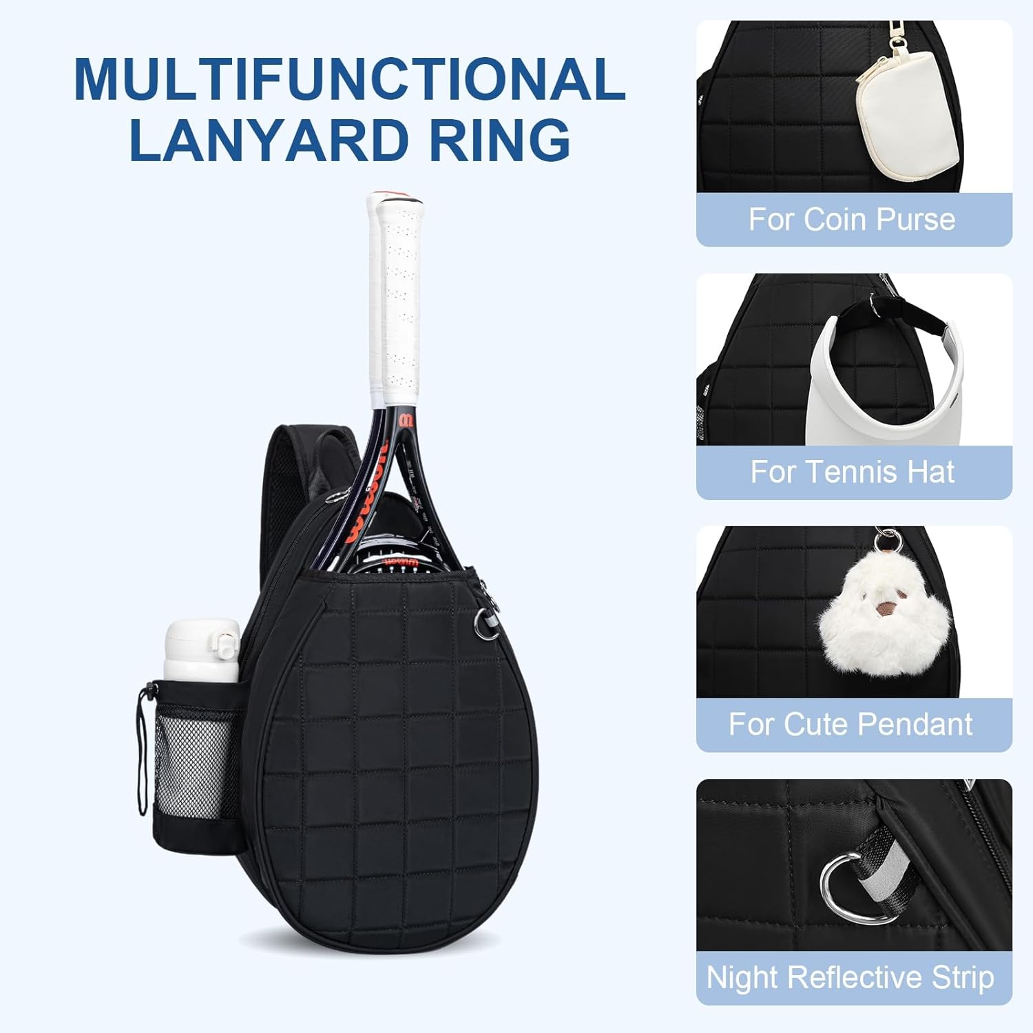 KAVIGOR Tennis Bag, Quilted Tennis Backpack Holds 2 Rackets, Waterproof Crossbody Sling Pickleball Bags for Women, Men and Youth