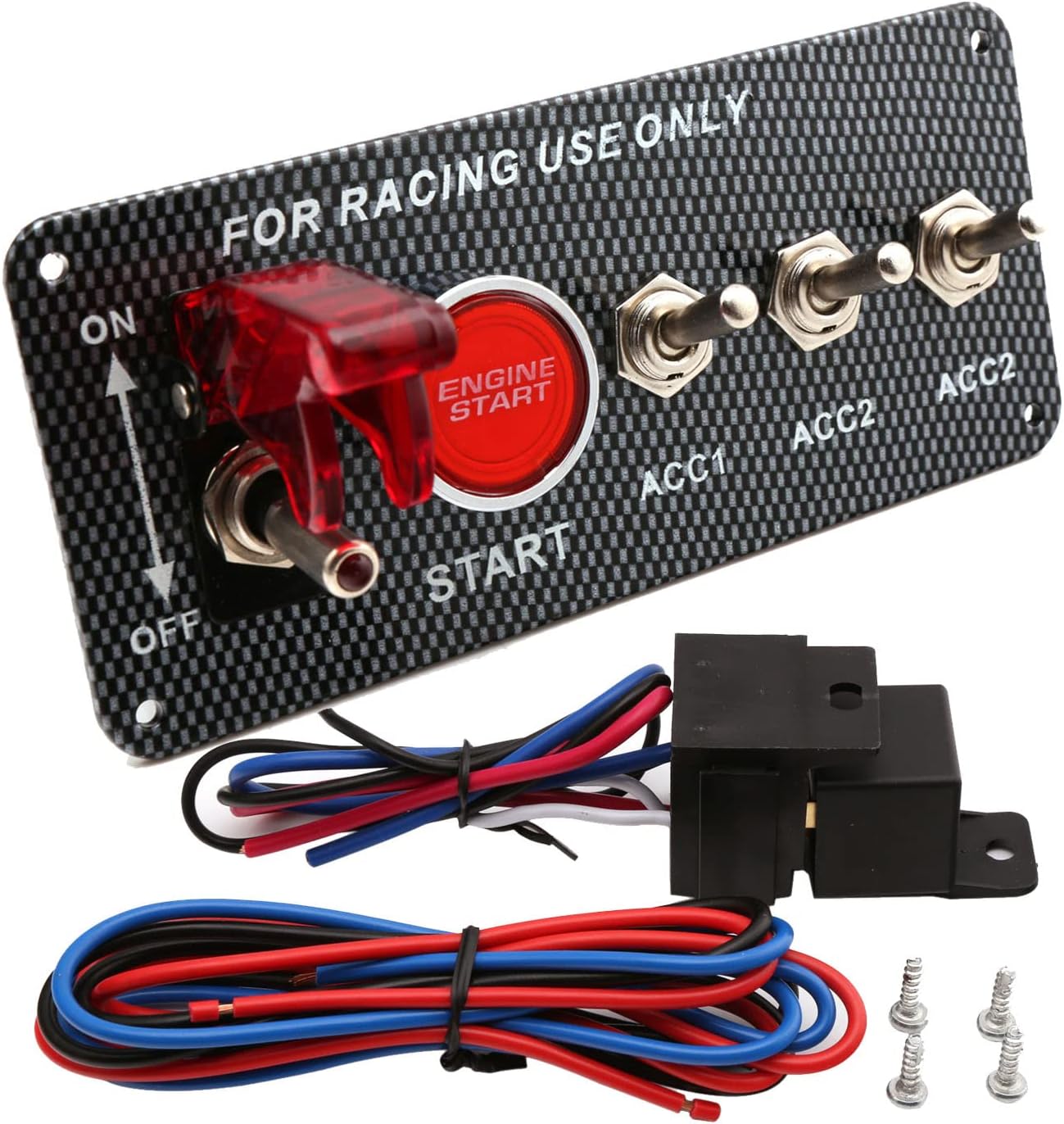 12V Ignition Switch Panel 5 in 1 Car Ignition Switch Panel Kit with Engine Push Button Carbon Fiber LED Toggle Switches Race Car Ignition Starter Switch for Racing Car Truck RV