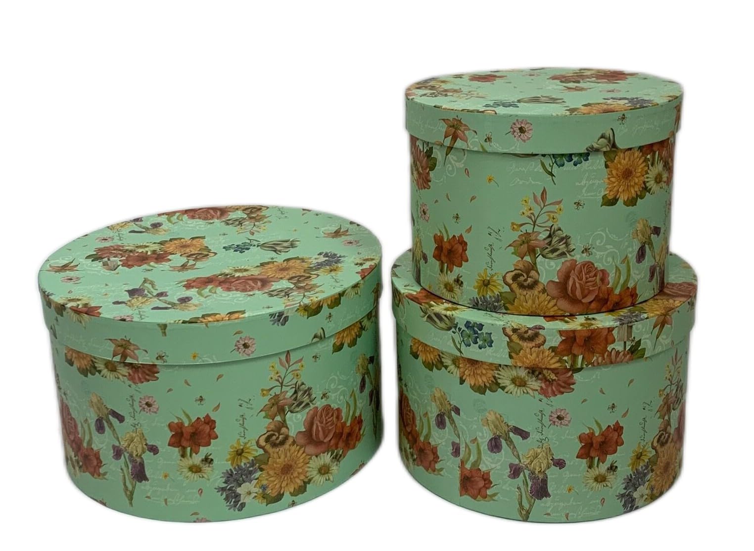 Floralcraft Green Set Of 3 Round Lined Tea Garden Hat Boxes (Green) With Lids - Sturdy Cardboard Florist/Gift Boxes For Presents, Wedding, Valentines, Christmas