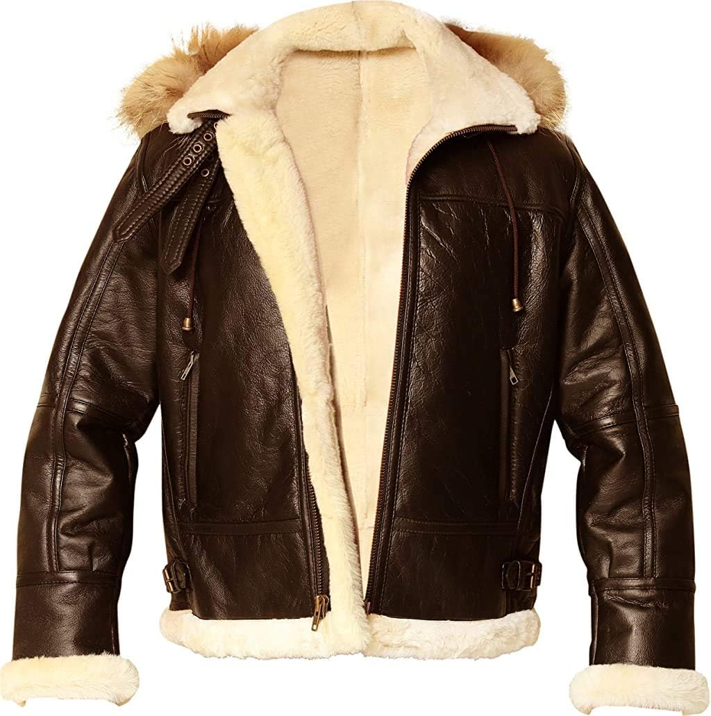 RSH LeatherCraft B3 Brown Bomber Removable Hoodie Real Shearling