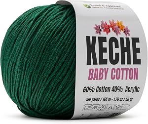 Keche Baby Cotton, 60% Cotton 40% Acrylic Yarn, Soft Cotton Yarn for Crochet and Knitting, Amigurumi Yarn 1 Skein/Ball 1.76 Oz (50g) / 180 Yrds (165m) - Dark Green