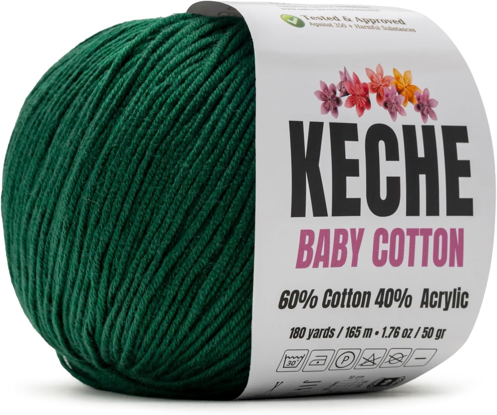 Keche Cotton Yarn, 60% Cotton 40% Acrylic Yarn, Soft Cotton Yarn for Crochet and Knitting, Amigurumi Yarn 1 Skein/Ball 1.76 Oz (50g) / 180 Yrds (165m) - Dark Green