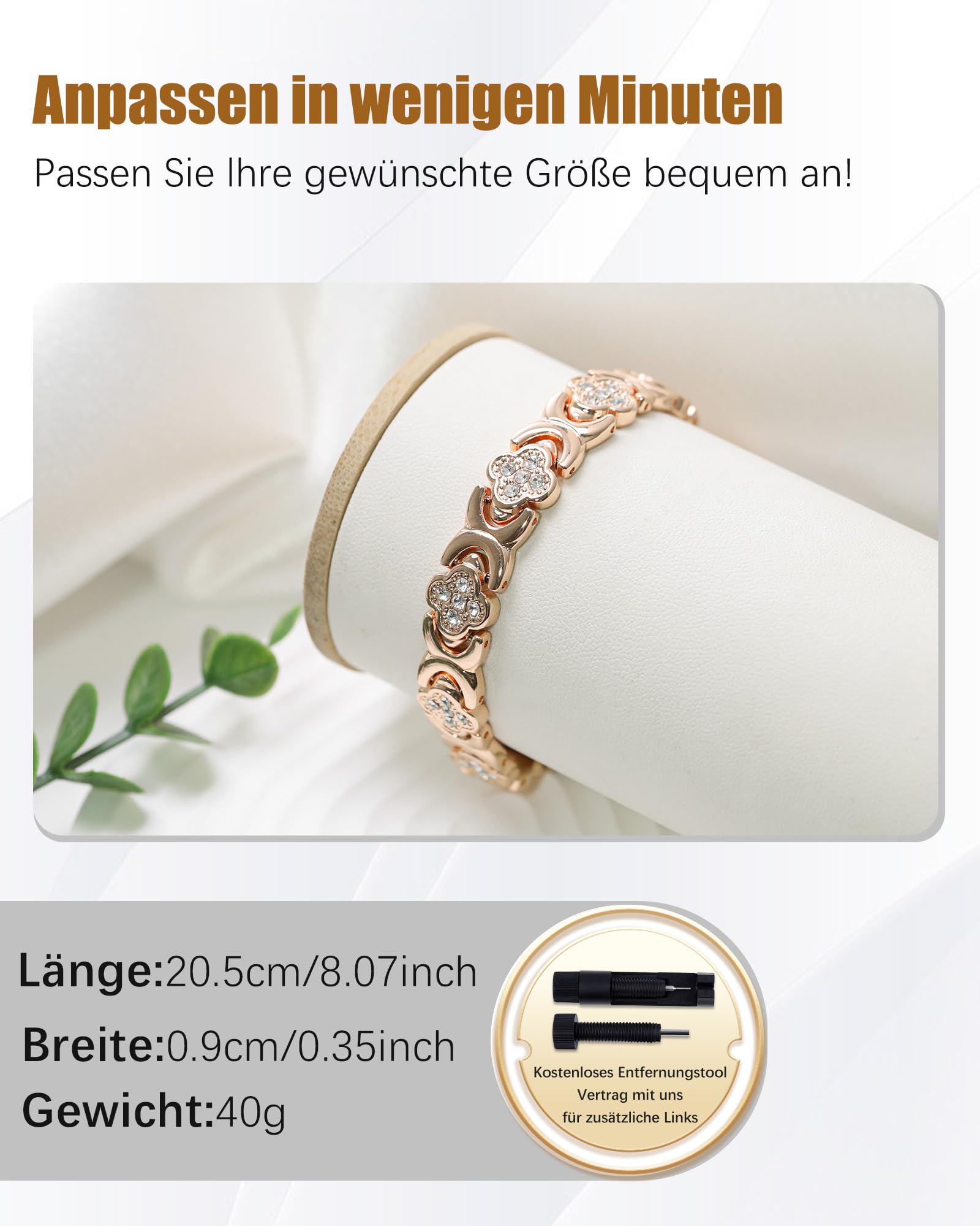 Jeracol Kupferarmband Damen und Magnetfeldtherapie Ring, gefertigt aus 99% reinem Kupfer, mit eingelegten Neodym-Magneten und funkelnden Zirkonia-Steinen, verstellbares Magnetarmband
