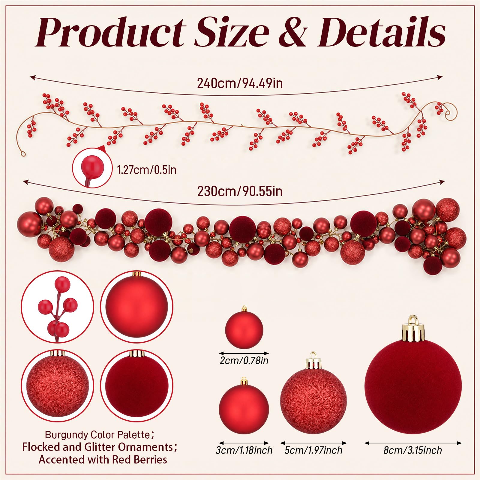 Yunlly Weihnachtsgirlande mit roten Beeren, 2,4 m x 2,1 m, Burgunderrot, 2 Stück