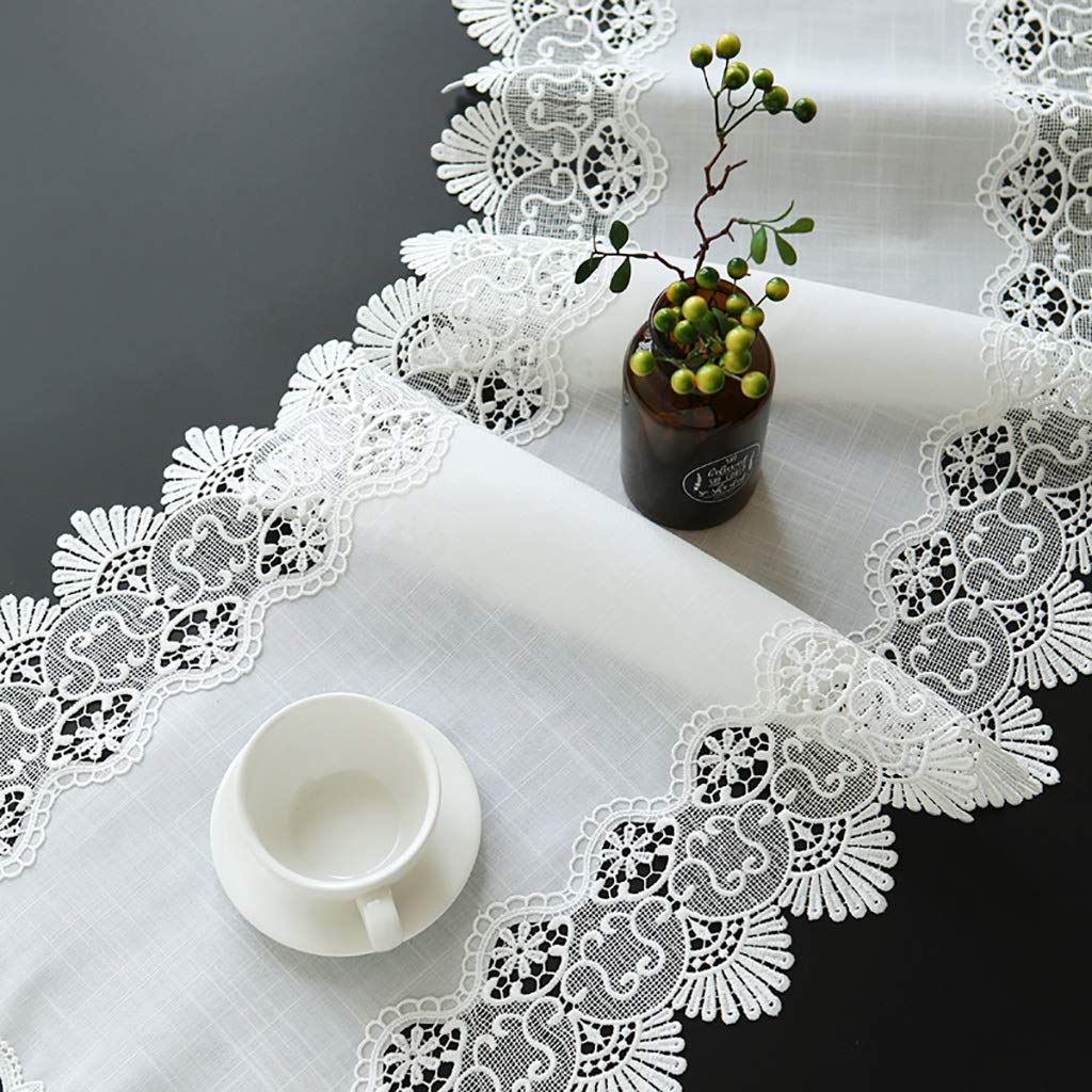 Elegant und luxuriös Gestickte Spitze Braun- weiße Spitze Leinengewebe Tischläufer Overlay Gestickte Blumenspitze Stoff Tischläufer (Blanc,50 * 240cm)