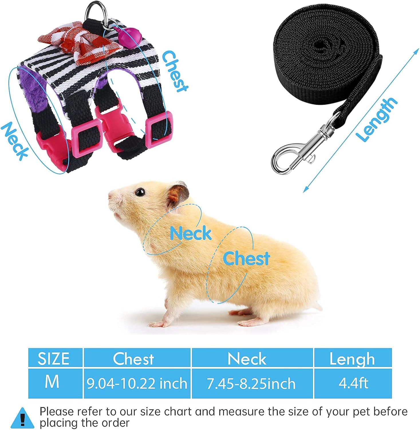 2 Pieces Hamster Harness and Leash Set for Walking, Small Guinea Pig Clothes with Bowknot Bell, No Pulling Comfort Padded Vest Striped for Guinea Pig Hamster Ferret, Small Animals (Blue, Black,M)