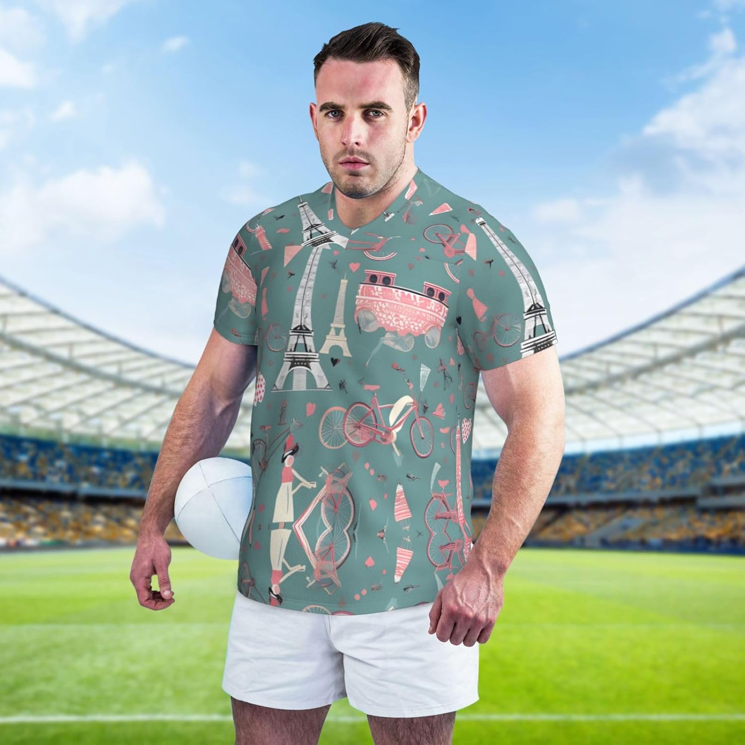 Romantic Paris Eiffel Tower Bycicle Rugby Football Jersey for Men, Comfortable V-Neck Loose Fit Top for Team Sports Athletics