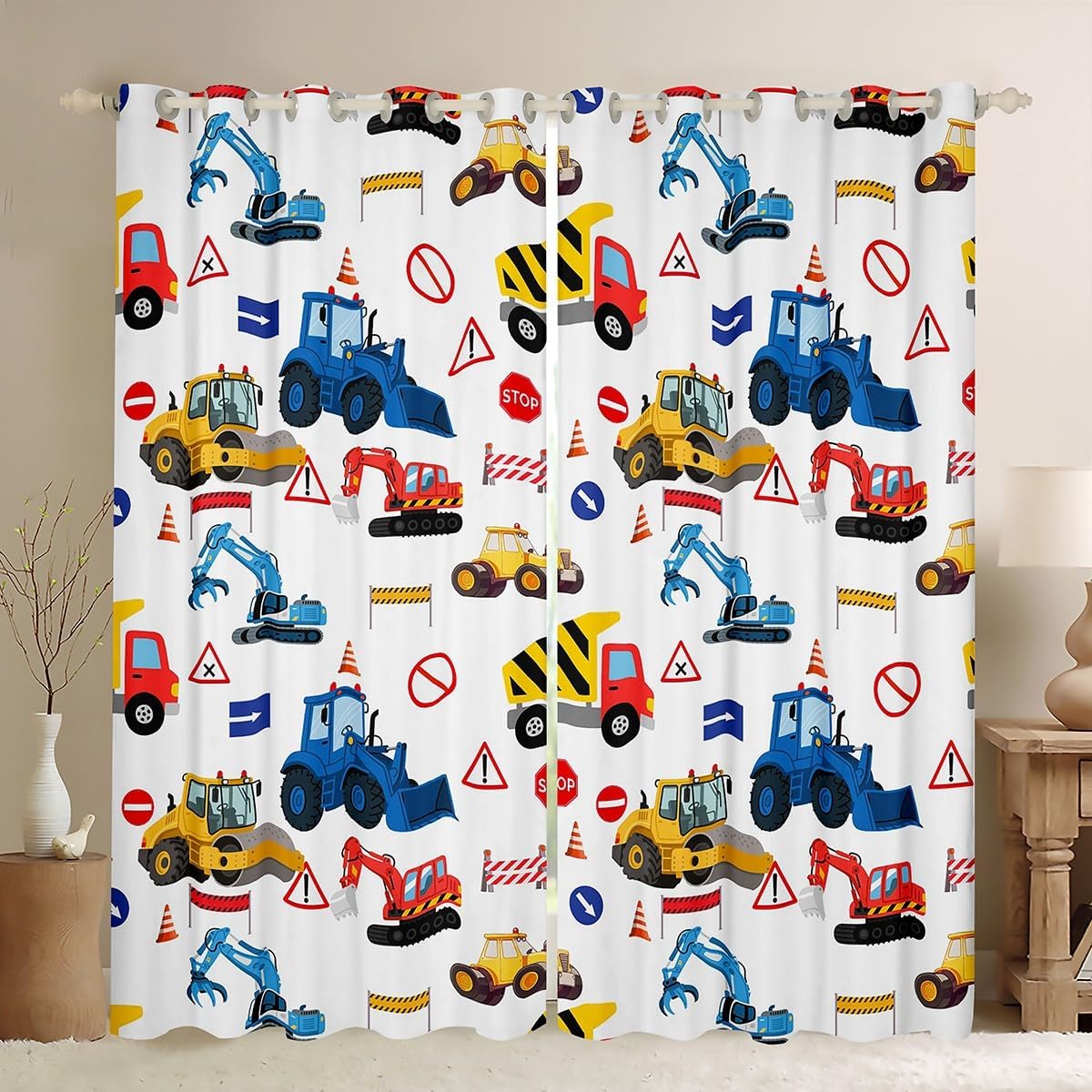 Cartoon Truck Window Curtains Excavator Bulldozer Transport Vehicle Window Drapes, Construction Window Treatments, Kids Boys Teen Room Decor, Grommet Top 2 Panel Set Bedroom Curtains, 38Wx45L inch