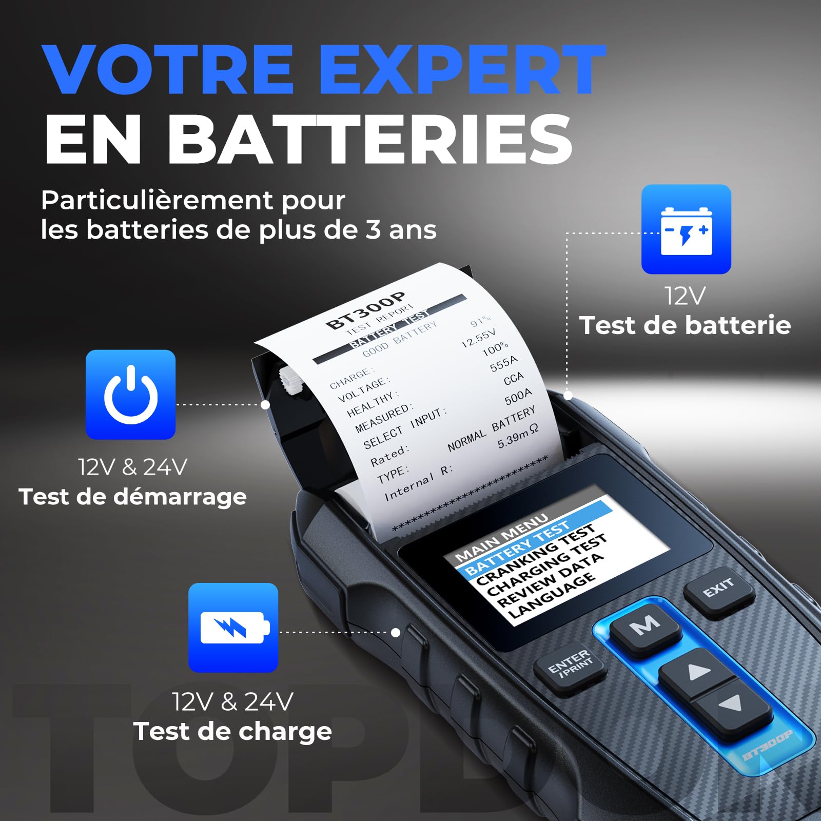 Testeur Batterie Voiture, TOPDON BT300P 12V 24V Testeur de Batterie et Alternateur Professionnel Analyseur de Batterie de Démarrage avec Imprimante Intégrée pour Auto Voiture Camion Moto