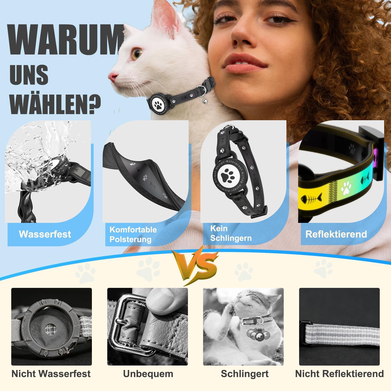 Airtag Katzenhalsband mit Sicherheitsverschluss, Reflektierend Katzenhalsband mit AirTag Halter und Glocke, Bequeme Polsterung & Verstellbar Wasserdicht Kätzchenhalsband (Schwarz, 8"-10.5")