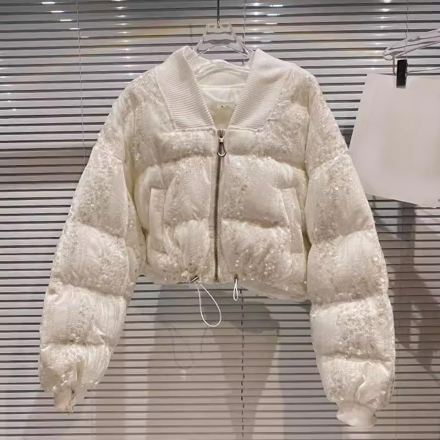 Kids Girls Sequined Crop Puffer Jacket Zip Up Sparkly Thick Down Padded Outerwear Teen Winter Trendy Warm Coat