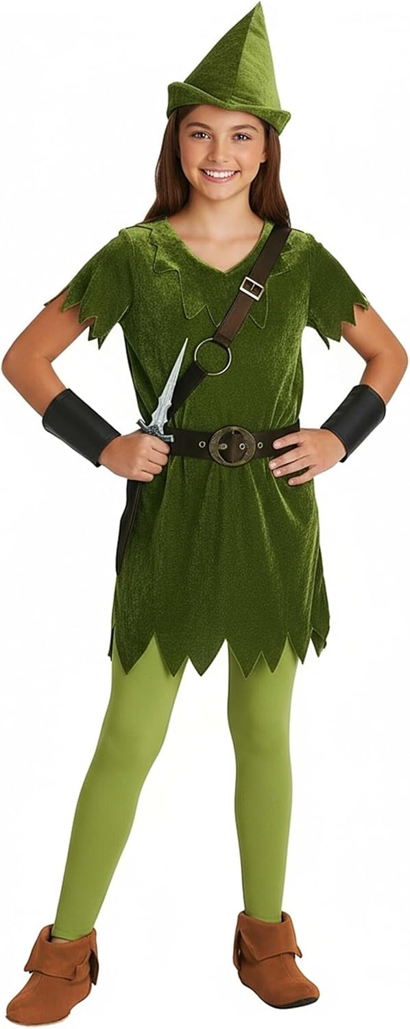 Kids Peter Pan Costume with Hat, Shirt, Tights, Belt/Harness and Wrist Cuffs - Image 7