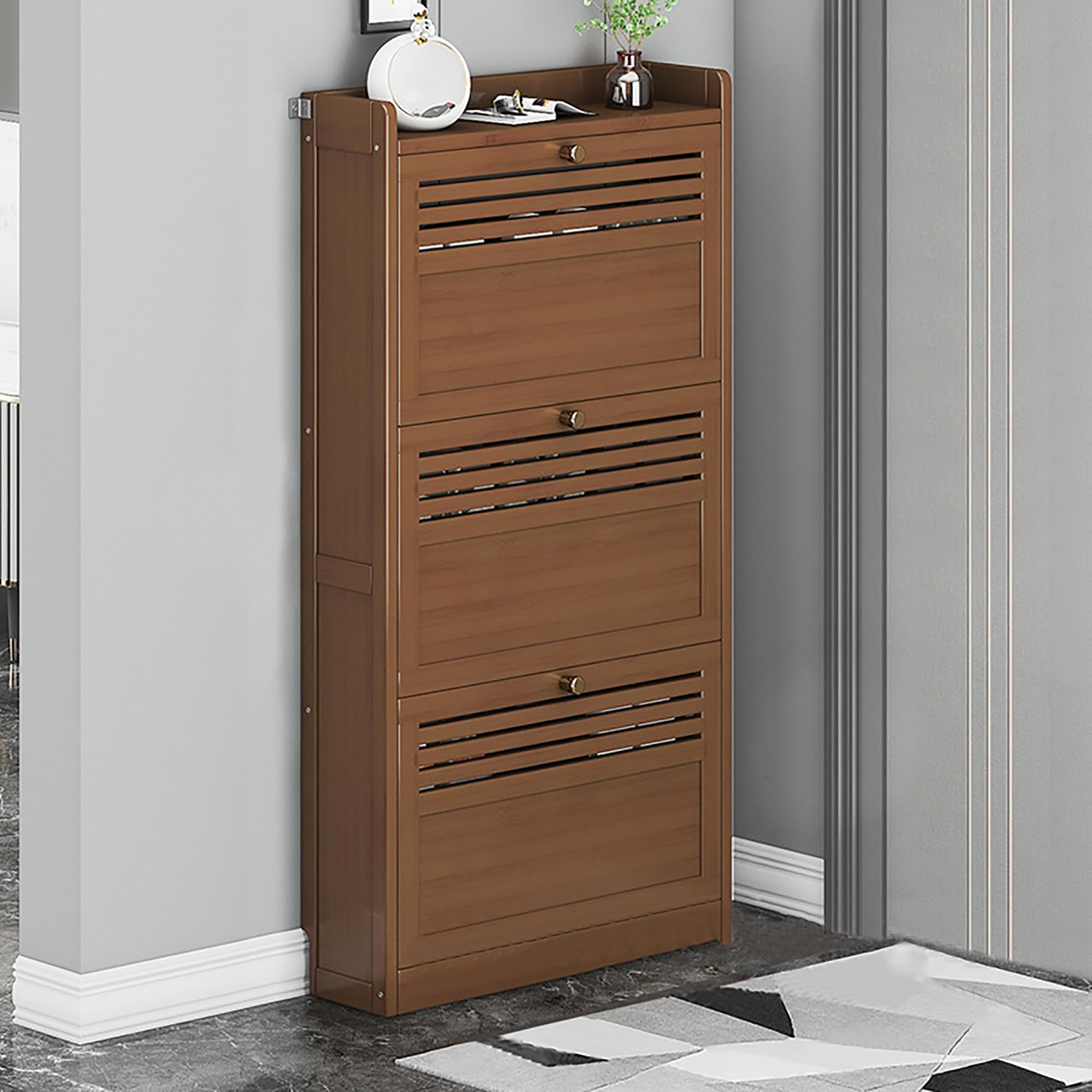MYUYEE Freestanding Slim Shoe Storage Cabinet For Entryway Bedroom Hallway Wood Brown For Shoes Narrow Design Hidden Shoe Rack Living Room Shoe(Brown-20 * 6.7 * 41.3)