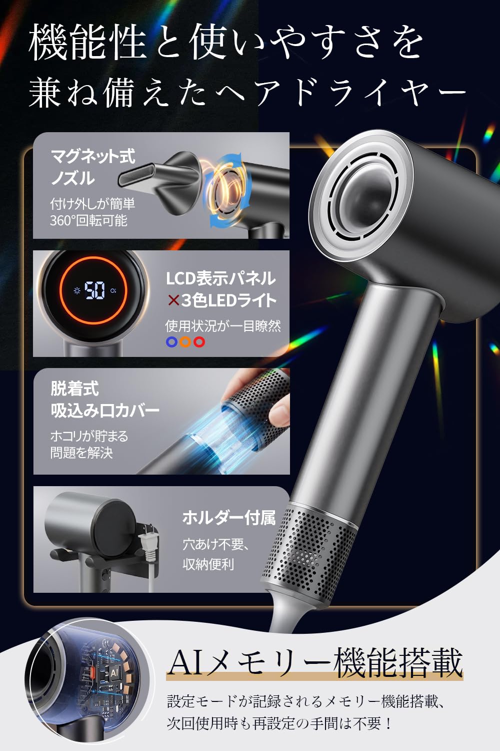Amazon | ドライヤー 大風量 速乾 【温冷風自動切替・3億高濃度