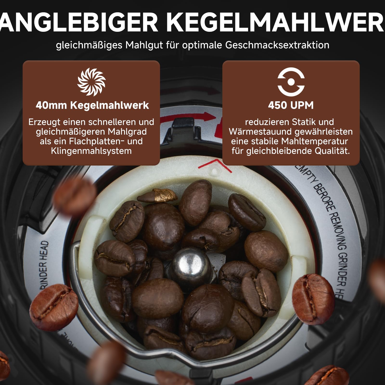 AMZCHEF Kaffeemühle Elektrisch mit 48 Mahlgraden, Antistatik-System, Touchpanel，300g Bohnenbehälter, Edelstahlgehäuse, Kegelmahlwerk für Espresso, Filterkaffee