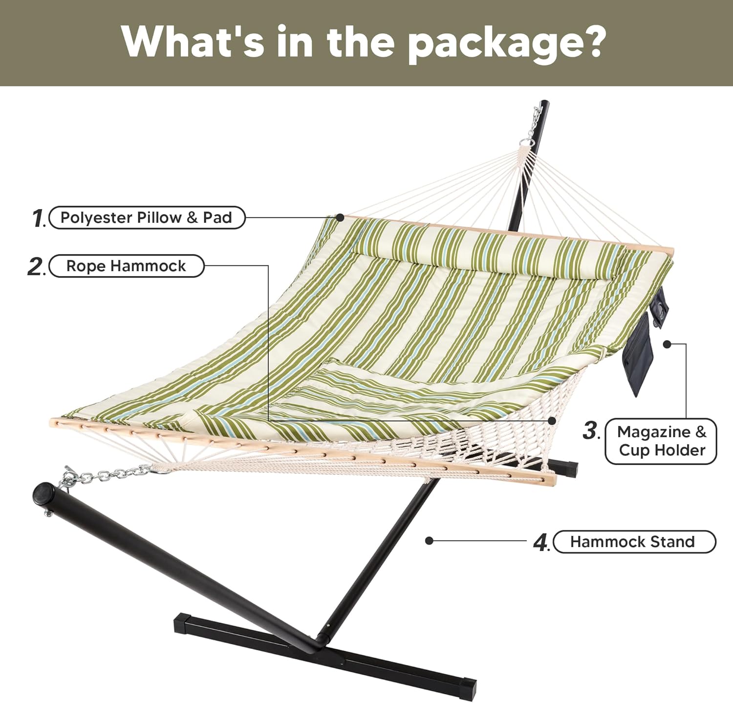 SUNCREAT Cotton Rope Hammock for Two People with Polyester Pad, 12 FT Steel Stand, Heavy Duty Hammock Storage Bag with Zipper