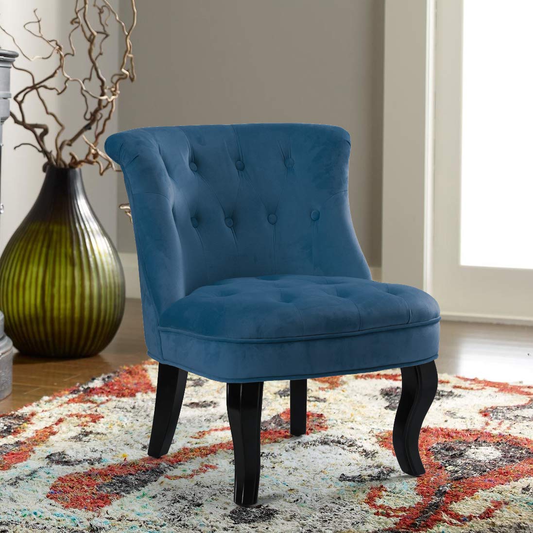 blue upholstered chair