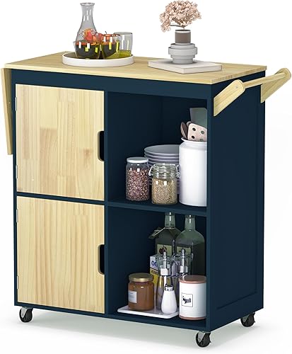 Usinso Isla de cocina rodante, gabinetes de almacenamiento de isla de cocina sobre ruedas con encimera de hojas caídas, estantes de mango, carrito