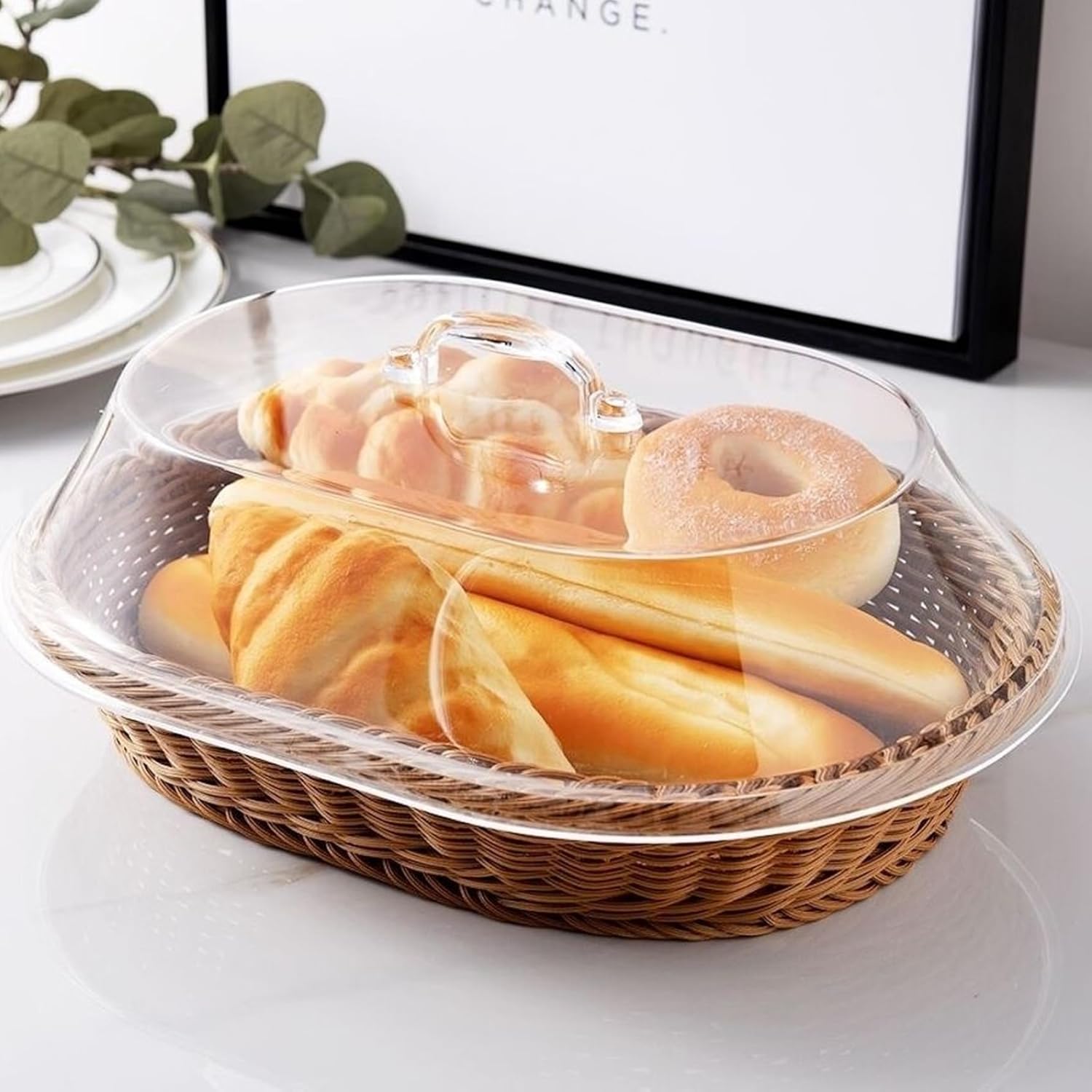 2PCS Bread Basket with Lid, 2 Sizes Rattan Bread Basket, Oval Shape Storage Organizer for Serving Fruit Vegetables Baskets for Serving