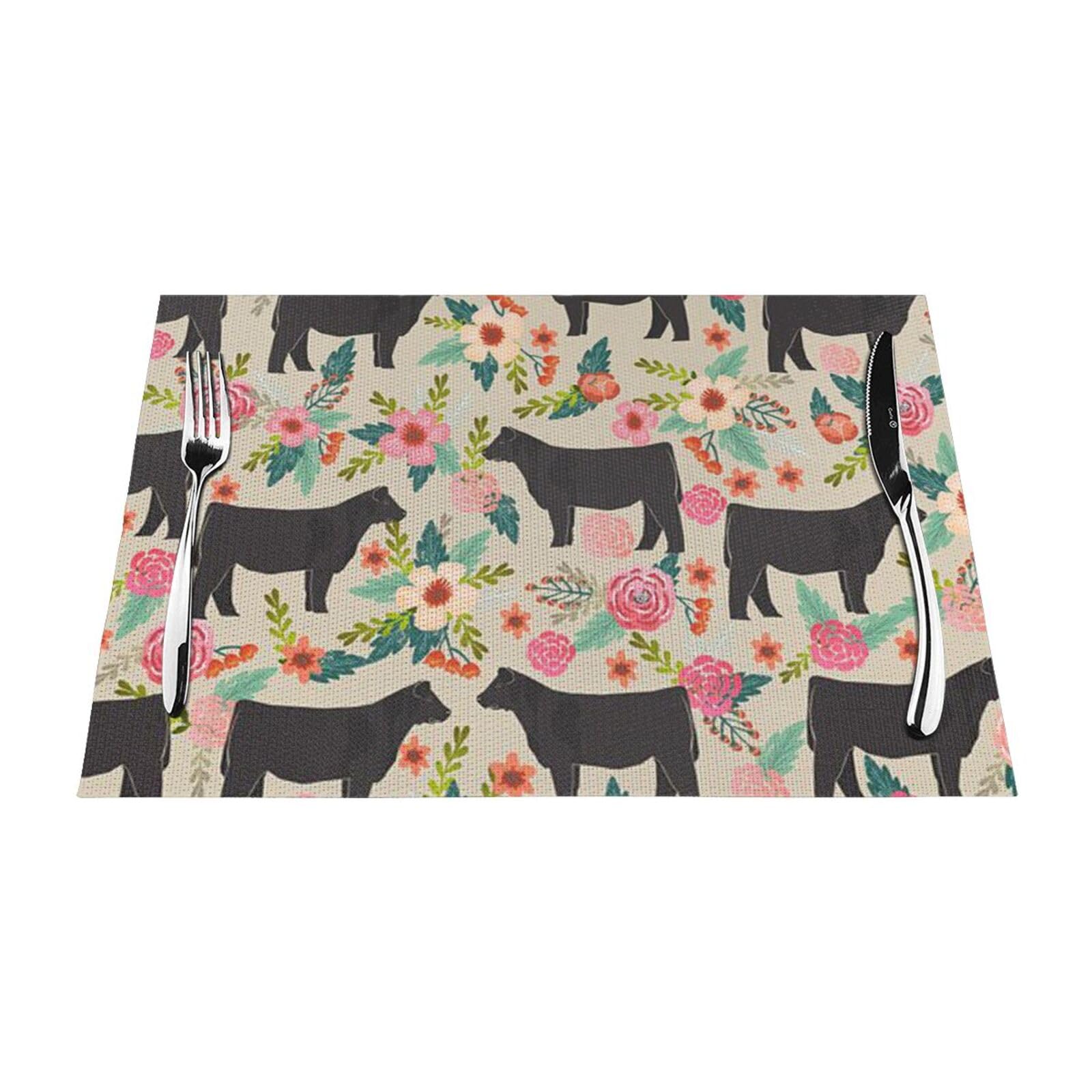 PVC Placemat Set of 6 PCS, 45x30 CM, Pink Flower Show Steer Cows Cattle Printed Non-Slip Heat Resistant Place Mats for Kitchen Dining Table Indoor Outdoor