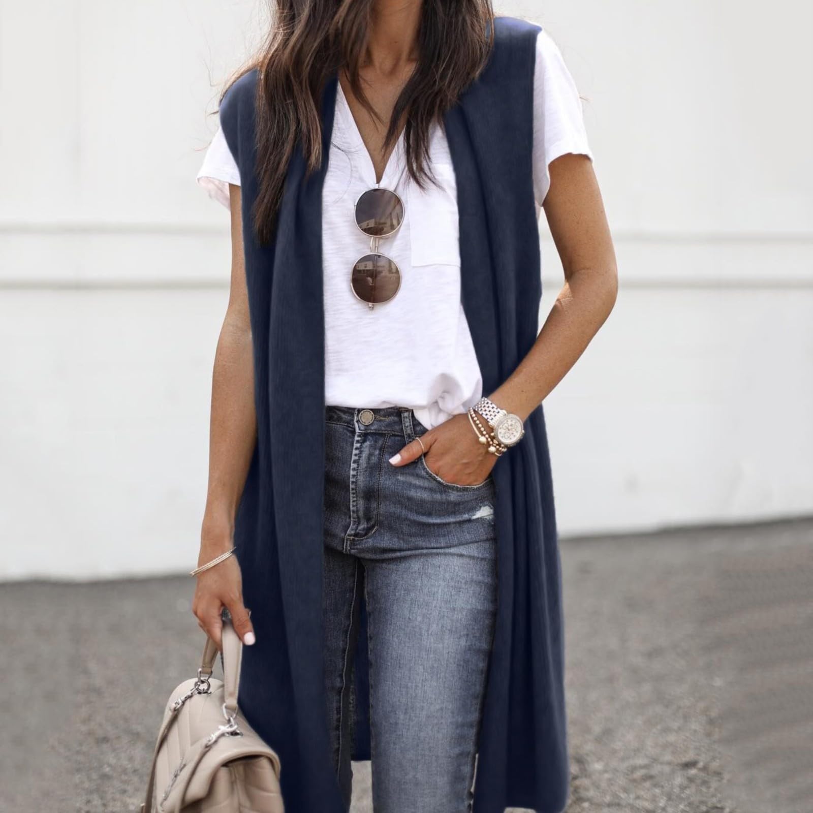 Chaqueta de punto para mujer de un solo color con frente abierto, chaleco de punto largo elástico, chaleco informal sin mangas, elegante, fino, sin mangas, abrigo de punto, cárdigan de punto monocolor