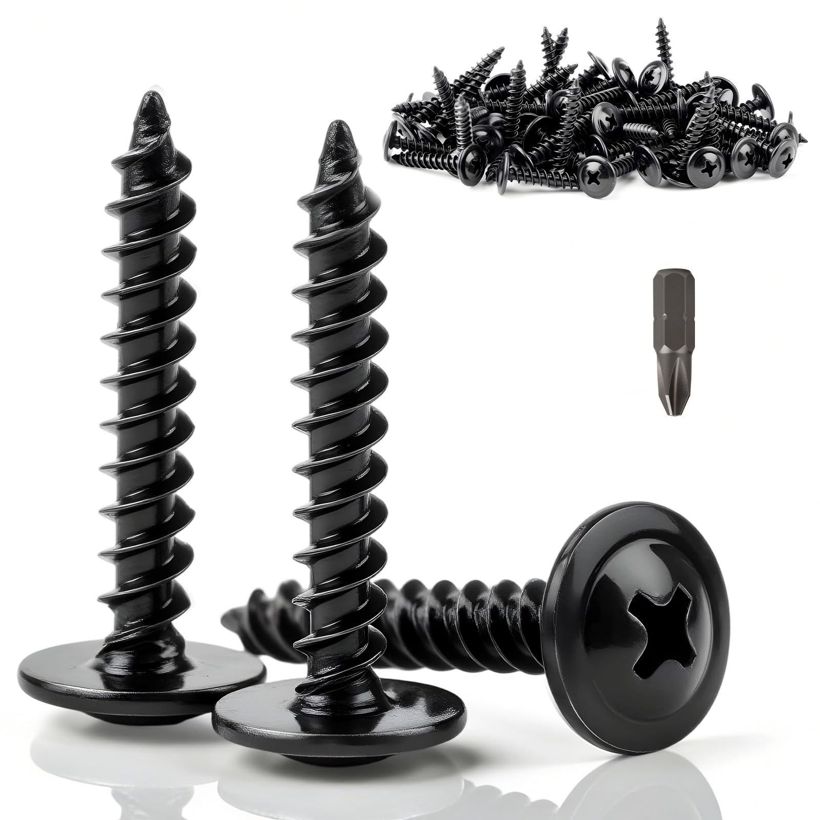 qjuwhua 150 Pcs Wafer Head Self Tapping Screws M4.2x32mm Black Flat Pan Head Wood Screws Galvanised Modified Truss Head Self Drilling Screw Round Phillips Drive for Plastic Metal Pasterboard Wood