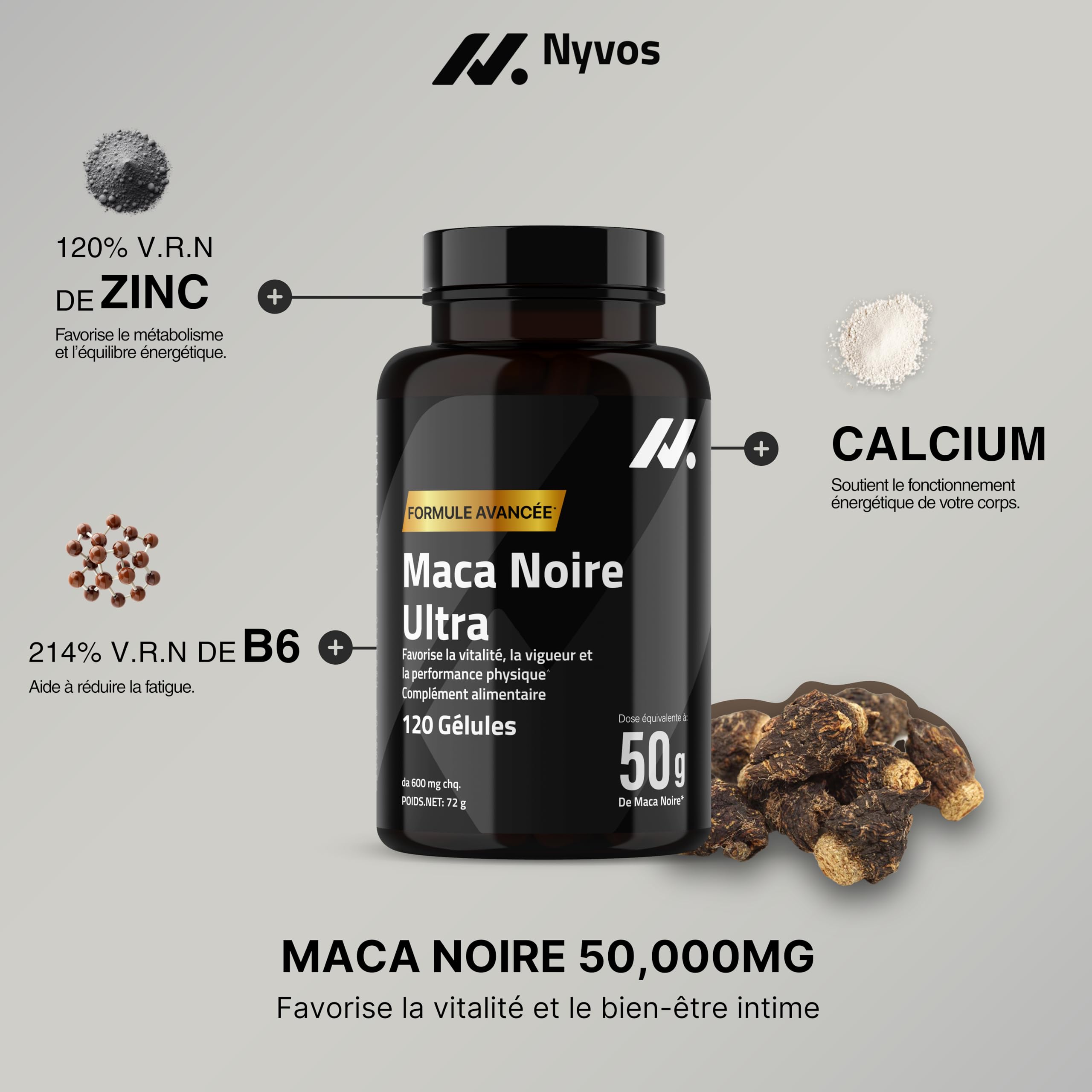 Maca Noire Ultra 50.000 mg – Ultra Concentré 100:1 avec Zinc, Vitamine B6 & Calcium – 120 Gélules Véganes pour Énergie Nocturne, Vitalité Masculine & Testostérone Naturelle – Produit Européen – Nyvos