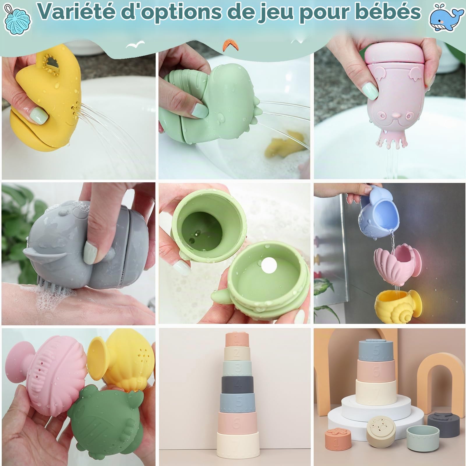 Jouets de Bain Bébé Silicone 0+ Ans,Set Silicone Alimentaire, Gobelets Empilables Sensoriels, Animaux Aspergeurs à Ventouse, Jeux de Bain Jouets de Douche de Bébé Jouet Piscine Jouets Flottants